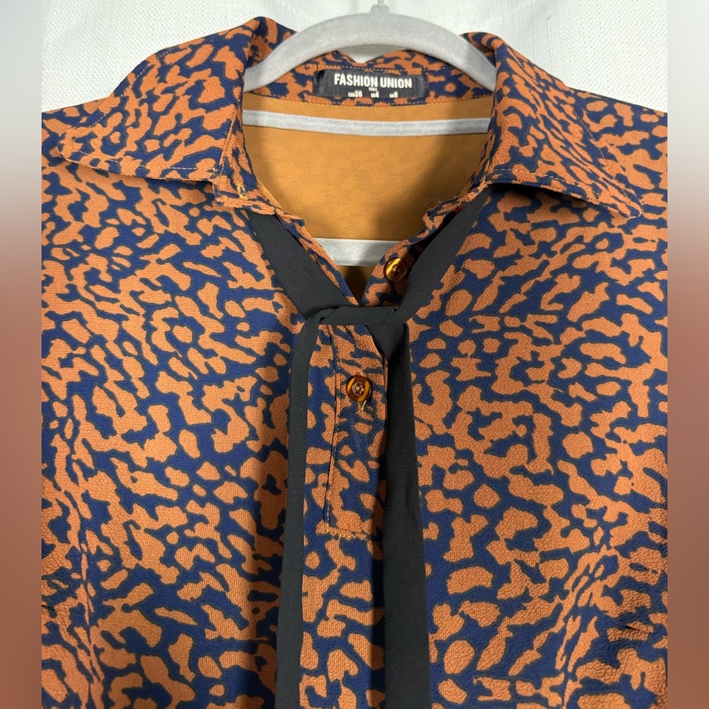 Fashion Union Brown and Navy Blue Leopard Print Long Sleeve Dress - Picture 9 of 10